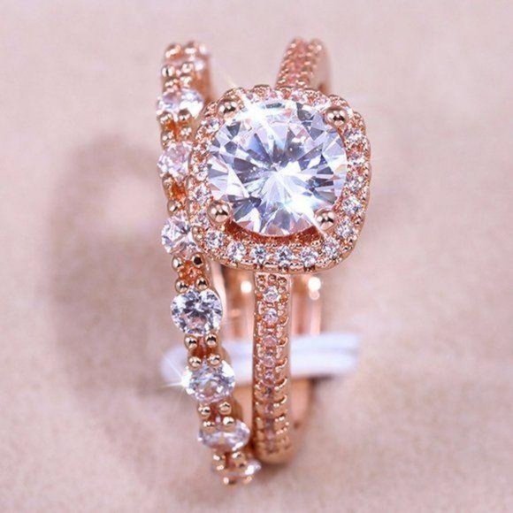 NEW 18K Rose Gold Diamond Halo 2PC Ring Set